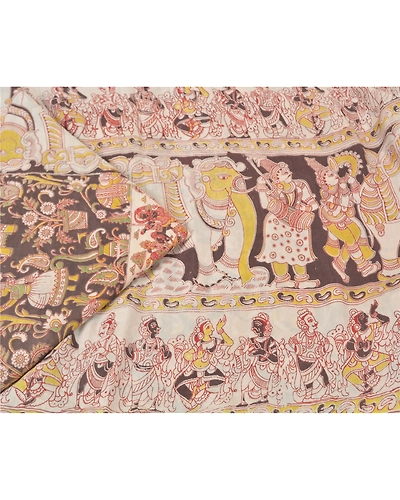 Sanskriti Vintage Brown Sarees Pure Silk Handmade Kalamkari Human Sari Fabric, PS-60701-Brown &amp; Ivory-Kalamkari Work-100% Pure Silk-2