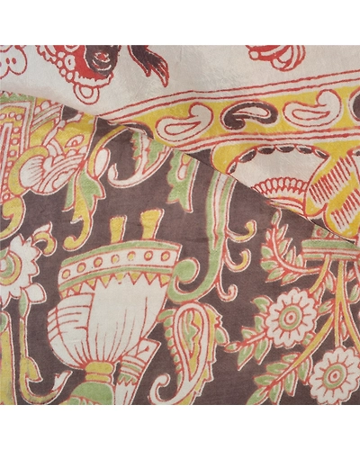 Sanskriti Vintage Brown Sarees Pure Silk Handmade Kalamkari Human Sari Fabric, PS-60701-Brown &amp; Ivory-Kalamkari Work-100% Pure Silk-3