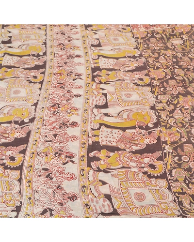 Sanskriti Vintage Brown Sarees Pure Silk Handmade Kalamkari Human Sari Fabric, PS-60701-Brown &amp; Ivory-Kalamkari Work-100% Pure Silk-4