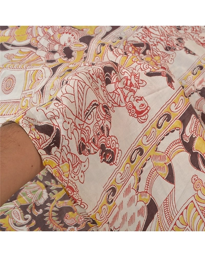 Sanskriti Vintage Brown Sarees Pure Silk Handmade Kalamkari Human Sari Fabric, PS-60701-Brown &amp; Ivory-Kalamkari Work-100% Pure Silk-5