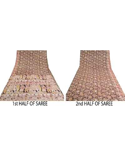 Sanskriti Vintage Brown Sarees Pure Silk Handmade Kalamkari Human Sari Fabric, PS-60701-Brown &amp; Ivory-Kalamkari Work-100% Pure Silk-6