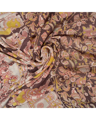 Sanskriti Vintage Brown Sarees Pure Silk Handmade Kalamkari Human Sari Fabric, PS-60701-Brown &amp; Ivory-Kalamkari Work-100% Pure Silk-7