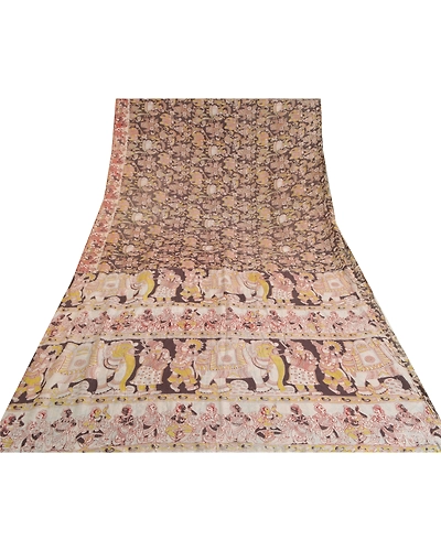 Sanskriti Vintage Brown Sarees Pure Silk Handmade Kalamkari Human Sari Fabric, PS-60701-Brown &amp; Ivory-Kalamkari Work-100% Pure Silk-9