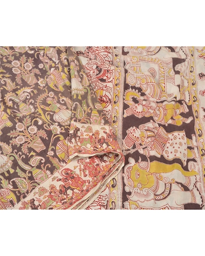 Sanskriti Vintage Brown Sarees Pure Silk Handmade Kalamkari Human Sari Fabric, PS-60701-Brown &amp; Ivory-Kalamkari Work-100% Pure Silk-10