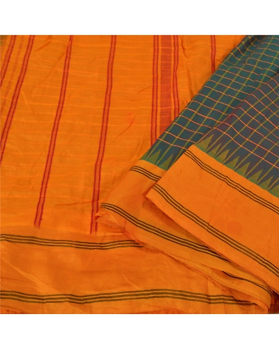Sanskriti Vintage Saffron Sarees 100% Pure Cotton Woven Chettinad Sari Fabric, PS-60707-Saffron &amp; Shade Of Blue-Woven Work-100% Pure Silk-2