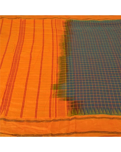 Sanskriti Vintage Saffron Sarees 100% Pure Cotton Woven Chettinad Sari Fabric, PS-60707-Saffron &amp; Shade Of Blue-Woven Work-100% Pure Silk-4