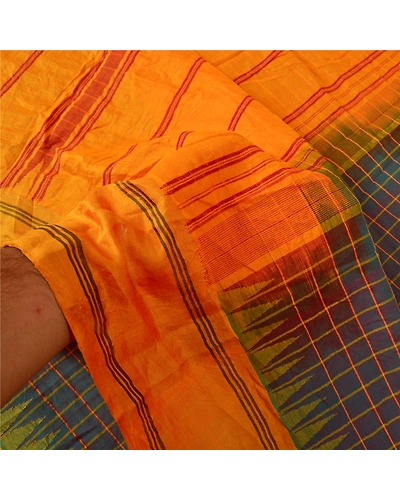 Sanskriti Vintage Saffron Sarees 100% Pure Cotton Woven Chettinad Sari Fabric, PS-60707-Saffron &amp; Shade Of Blue-Woven Work-100% Pure Silk-5