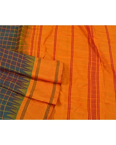 Sanskriti Vintage Saffron Sarees 100% Pure Cotton Woven Chettinad Sari Fabric, PS-60707-Saffron &amp; Shade Of Blue-Woven Work-100% Pure Silk-8