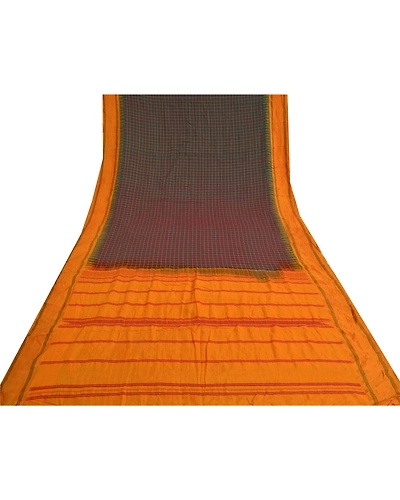 Sanskriti Vintage Saffron Sarees 100% Pure Cotton Woven Chettinad Sari Fabric, PS-60707-Saffron &amp; Shade Of Blue-Woven Work-100% Pure Silk-9