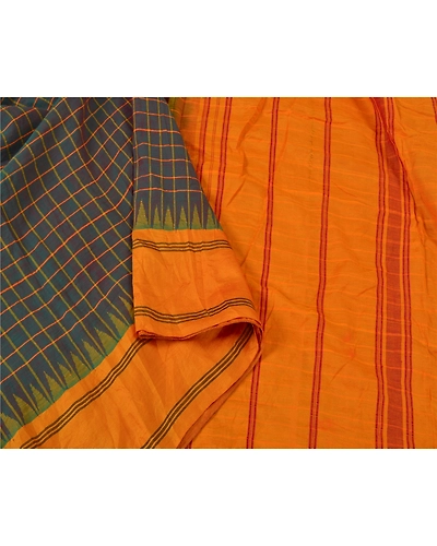 Sanskriti Vintage Saffron Sarees 100% Pure Cotton Woven Chettinad Sari Fabric, PS-60707-Saffron &amp; Shade Of Blue-Woven Work-100% Pure Silk-10