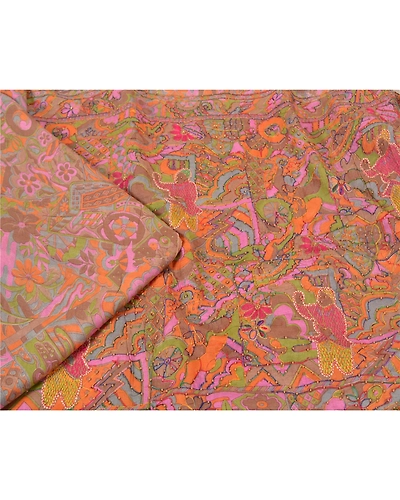 Sanskriti Vintage Indian Sarees 100% Pure Silk Hand Beaded Sari Craft Fabric, PS-60709-Multi Color-Printed Work-100% Pure Silk-2