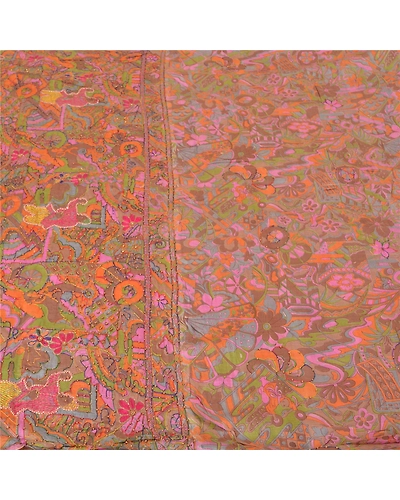 Sanskriti Vintage Indian Sarees 100% Pure Silk Hand Beaded Sari Craft Fabric, PS-60709-Multi Color-Printed Work-100% Pure Silk-4