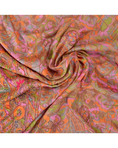 Sanskriti Vintage Indian Sarees 100% Pure Silk Hand Beaded Sari Craft Fabric, PS-60709-Multi Color-Printed Work-100% Pure Silk-7