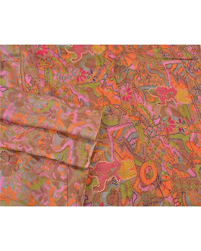 Sanskriti Vintage Indian Sarees 100% Pure Silk Hand Beaded Sari Craft Fabric, PS-60709-Multi Color-Printed Work-100% Pure Silk-8
