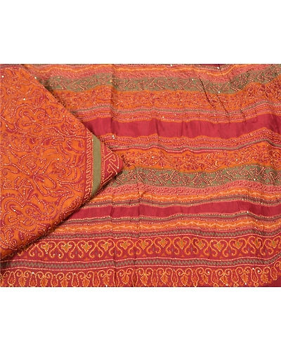 Sanskriti Vintage Dark Red Sarees 100% Pure Silk Hand Beaded Kantha Sari Fabric, PS-60724-Dark Red-Thread Work-100% Pure Silk-2