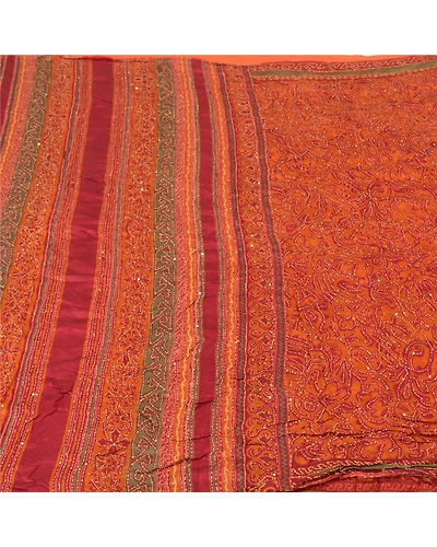Sanskriti Vintage Dark Red Sarees 100% Pure Silk Hand Beaded Kantha Sari Fabric, PS-60724-Dark Red-Thread Work-100% Pure Silk-4