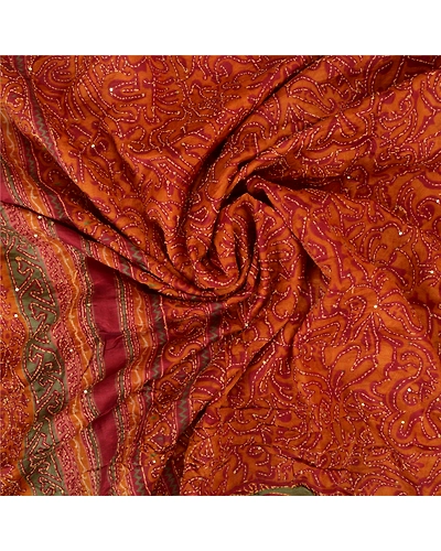 Sanskriti Vintage Dark Red Sarees 100% Pure Silk Hand Beaded Kantha Sari Fabric, PS-60724-Dark Red-Thread Work-100% Pure Silk-7