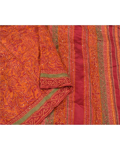 Sanskriti Vintage Dark Red Sarees 100% Pure Silk Hand Beaded Kantha Sari Fabric, PS-60724-Dark Red-Thread Work-100% Pure Silk-10