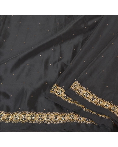 Sanskriti Vintage Black Sarees Art Silk Hand Beaded Cultural Sari Craft Fabric, PS-60729-Black-Zardozi Work-Art Silk-2