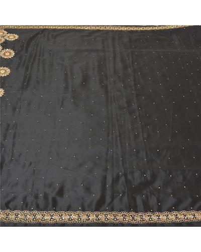 Sanskriti Vintage Black Sarees Art Silk Hand Beaded Cultural Sari Craft Fabric, PS-60729-Black-Zardozi Work-Art Silk-4