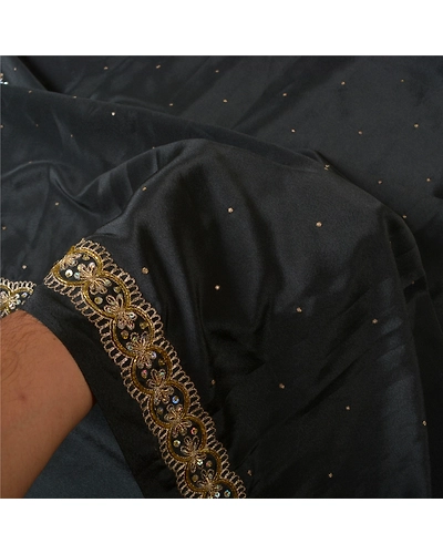 Sanskriti Vintage Black Sarees Art Silk Hand Beaded Cultural Sari Craft Fabric, PS-60729-Black-Zardozi Work-Art Silk-5