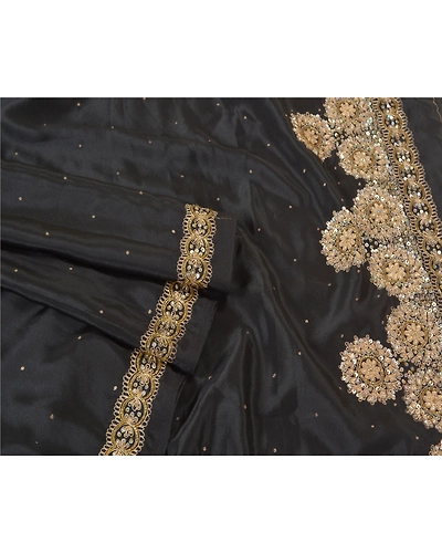 Sanskriti Vintage Black Sarees Art Silk Hand Beaded Cultural Sari Craft Fabric, PS-60729-Black-Zardozi Work-Art Silk-8