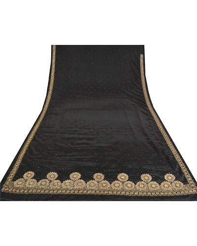 Sanskriti Vintage Black Sarees Art Silk Hand Beaded Cultural Sari Craft Fabric, PS-60729-Black-Zardozi Work-Art Silk-9