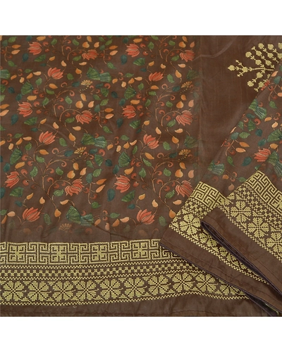 Sanskriti Vintage Brown Sarees Art Silk Sindhi Embroidered Premium Sari Fabric, PS-60734-Brown-Thread Work-Art Silk-2