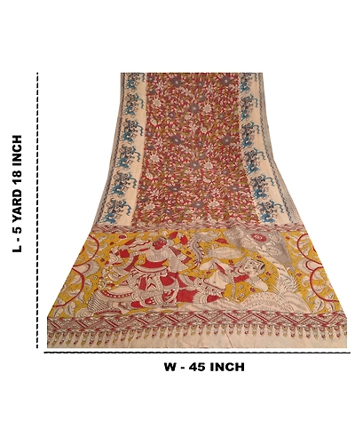 Sanskriti Vintage Dark Red Sarees Cotton Silk Handmade Kalamkari Sari Fabric, PS-60740-Dark Red &amp; Ivory-Kalamkari Work-Cotton Silk-1