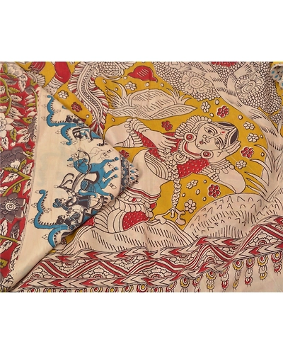 Sanskriti Vintage Dark Red Sarees Cotton Silk Handmade Kalamkari Sari Fabric, PS-60740-Dark Red &amp; Ivory-Kalamkari Work-Cotton Silk-2