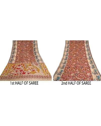 Sanskriti Vintage Dark Red Sarees Cotton Silk Handmade Kalamkari Sari Fabric, PS-60740-Dark Red &amp; Ivory-Kalamkari Work-Cotton Silk-6