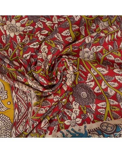 Sanskriti Vintage Dark Red Sarees Cotton Silk Handmade Kalamkari Sari Fabric, PS-60740-Dark Red &amp; Ivory-Kalamkari Work-Cotton Silk-7