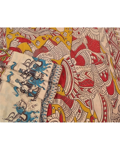 Sanskriti Vintage Dark Red Sarees Cotton Silk Handmade Kalamkari Sari Fabric, PS-60740-Dark Red &amp; Ivory-Kalamkari Work-Cotton Silk-8