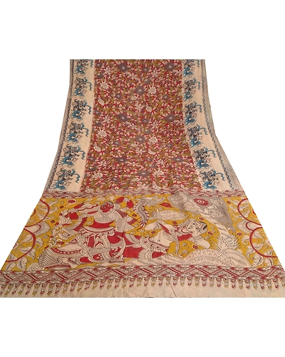 Sanskriti Vintage Dark Red Sarees Cotton Silk Handmade Kalamkari Sari Fabric, PS-60740-Dark Red &amp; Ivory-Kalamkari Work-Cotton Silk-9