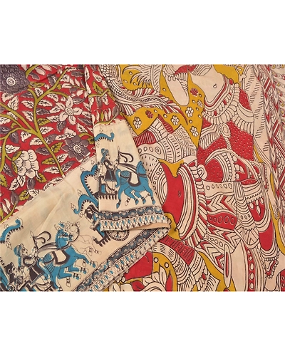 Sanskriti Vintage Dark Red Sarees Cotton Silk Handmade Kalamkari Sari Fabric, PS-60740-Dark Red &amp; Ivory-Kalamkari Work-Cotton Silk-10