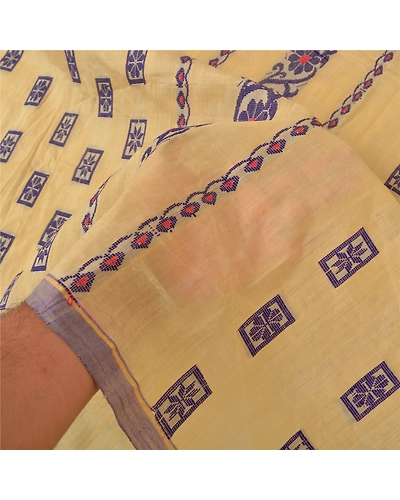 Sanskriti Vintage Cream Indian Sarees Blend Cotton Woven Sari Craft 5 Yd Fabric, PS-60745-Cream-Woven Work-Blend Cotton-5