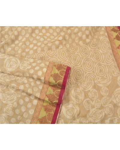 Sanskriti Vintage Bollywood Sarees Pure Georgette Silk Embroidered Sari Fabric, PS-60756-Pale Ivory-Patch Work-Pure Silk-8