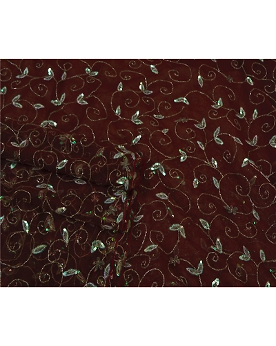 Sanskriti Vintage Brown Sarees Net Mesh Hand Beaded Cultural Sari Craft Fabric, PS-60762-Brown-Sequins Work-Net Mesh-8