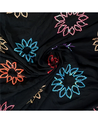 Sanskriti Vintage Black Sarees Poly Georgette Hand Beaded Premium Sari Fabric, PS-60771-Black-Sequins Work-Poly Georgette-7