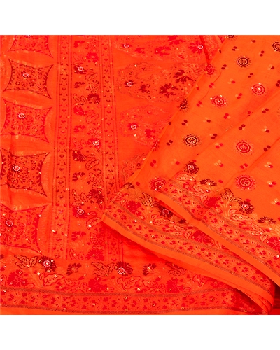 Sanskriti Vintage Orange Sarees Pure Silk Hand Beaded Woven Sari Craft Fabric, PS-60782-Orange-Woven Work-Pure Silk-2