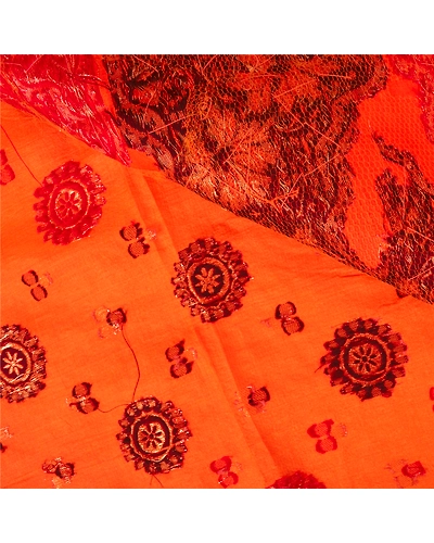 Sanskriti Vintage Orange Sarees Pure Silk Hand Beaded Woven Sari Craft Fabric, PS-60782-Orange-Woven Work-Pure Silk-3