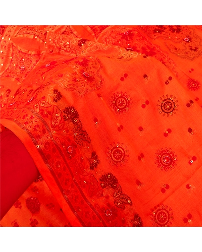 Sanskriti Vintage Orange Sarees Pure Silk Hand Beaded Woven Sari Craft Fabric, PS-60782-Orange-Woven Work-Pure Silk-5