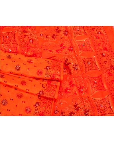 Sanskriti Vintage Orange Sarees Pure Silk Hand Beaded Woven Sari Craft Fabric, PS-60782-Orange-Woven Work-Pure Silk-8