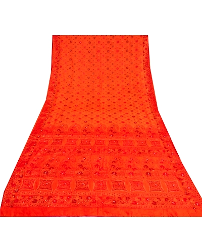 Sanskriti Vintage Orange Sarees Pure Silk Hand Beaded Woven Sari Craft Fabric, PS-60782-Orange-Woven Work-Pure Silk-9