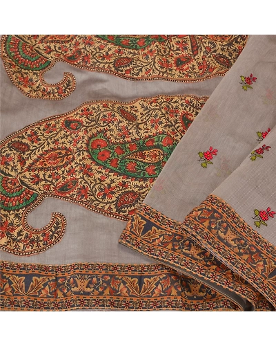 Sanskriti Vintage Grey Sarees Net Mesh Embroidered Premium Sari Craft Fabric, PS-60783-Grey-Patch Work-Art Silk-2