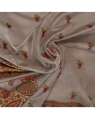 Sanskriti Vintage Grey Sarees Net Mesh Embroidered Premium Sari Craft Fabric, PS-60783-Grey-Patch Work-Art Silk-7