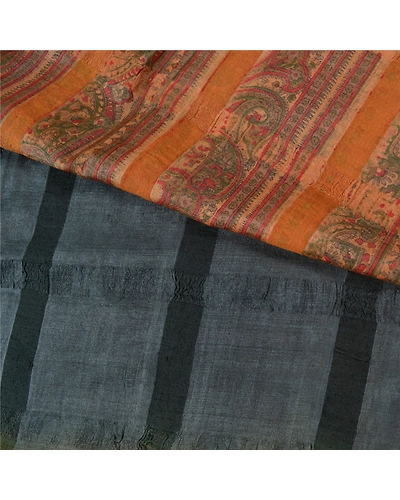Sanskriti Vintage Grey Sarees Pure Silk Block Printed Woven Premium Sari Fabric, PS-60798-Grey &amp; Brown-Block Printed Work-Pure Silk-3