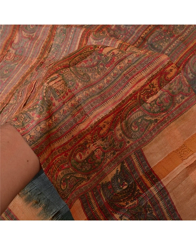 Sanskriti Vintage Grey Sarees Pure Silk Block Printed Woven Premium Sari Fabric, PS-60798-Grey &amp; Brown-Block Printed Work-Pure Silk-5