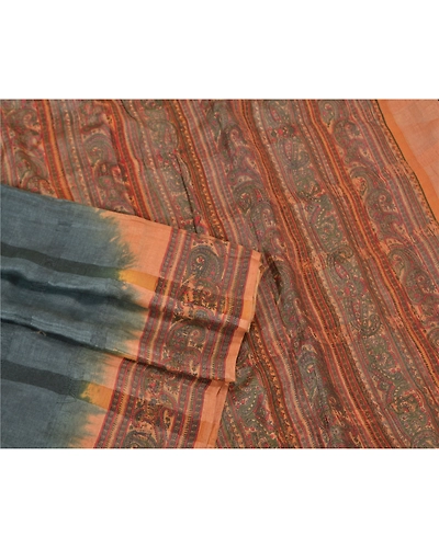 Sanskriti Vintage Grey Sarees Pure Silk Block Printed Woven Premium Sari Fabric, PS-60798-Grey &amp; Brown-Block Printed Work-Pure Silk-8