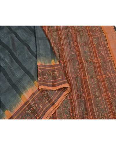 Sanskriti Vintage Grey Sarees Pure Silk Block Printed Woven Premium Sari Fabric, PS-60798-Grey &amp; Brown-Block Printed Work-Pure Silk-10
